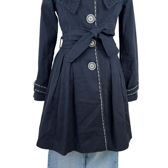 Nick and Mo Peter Pan Collared Button Front Navy Blue Tie Waist Long Jacket (M) - Picture 7 of 14